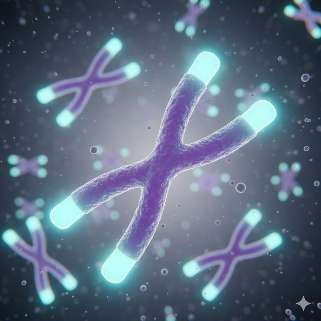 Leuchtende telomere. zellalterung sichtbar gemacht. symbolbild.