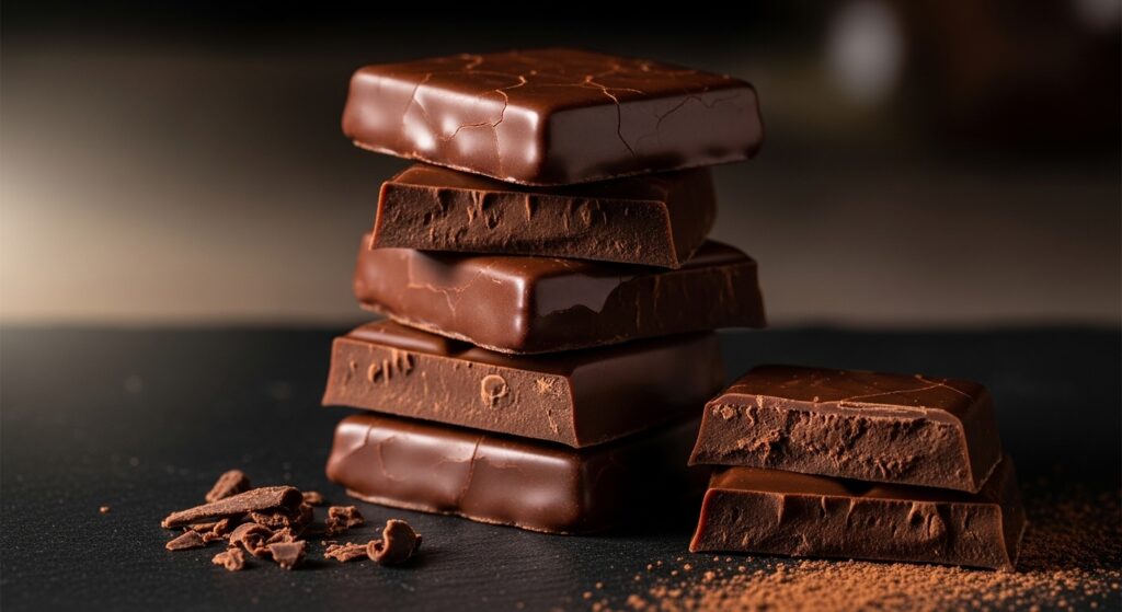 Dark Chocolate. Moderate	Fermented cacao beans are a significant dietary source of PQQ and polyphenols. AI Visual.