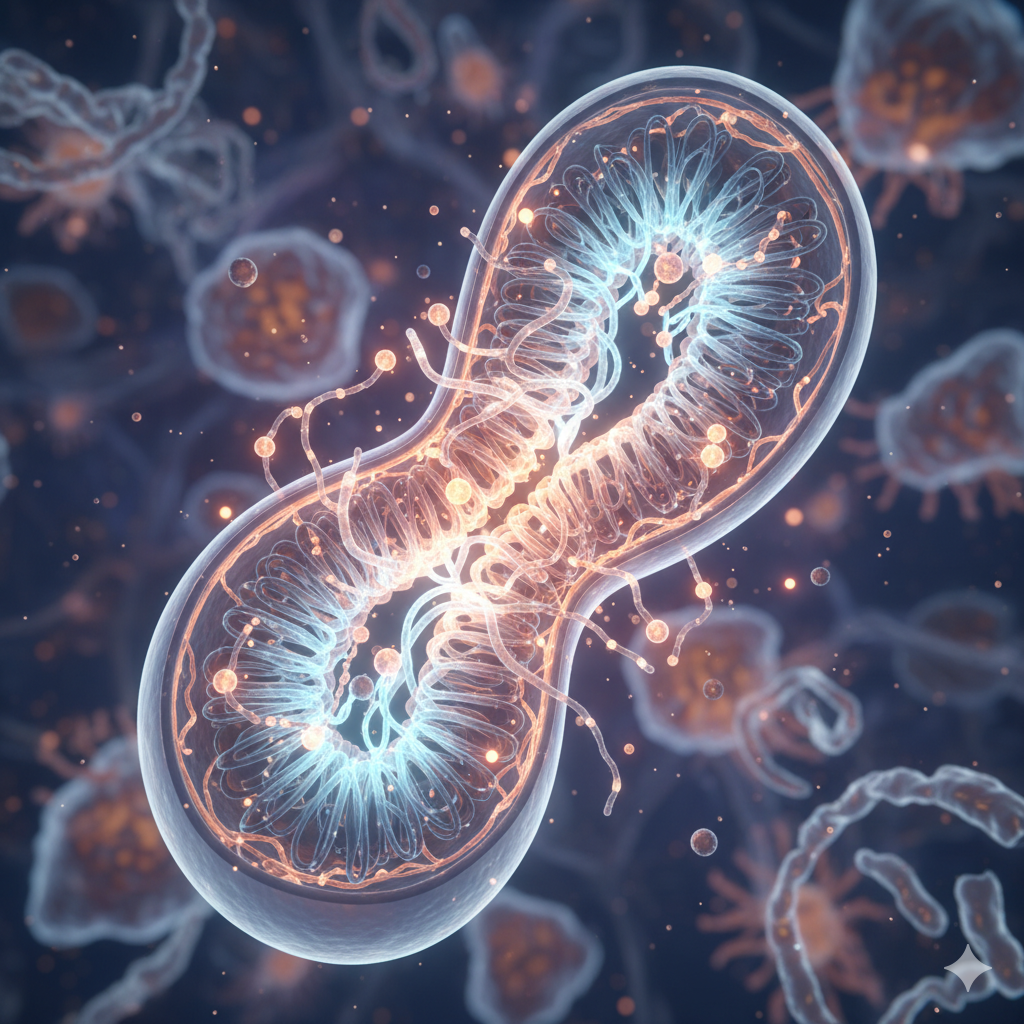Mitochondria producing energy. CoQ10 plays a key role in cellular ATP generation. Visual.