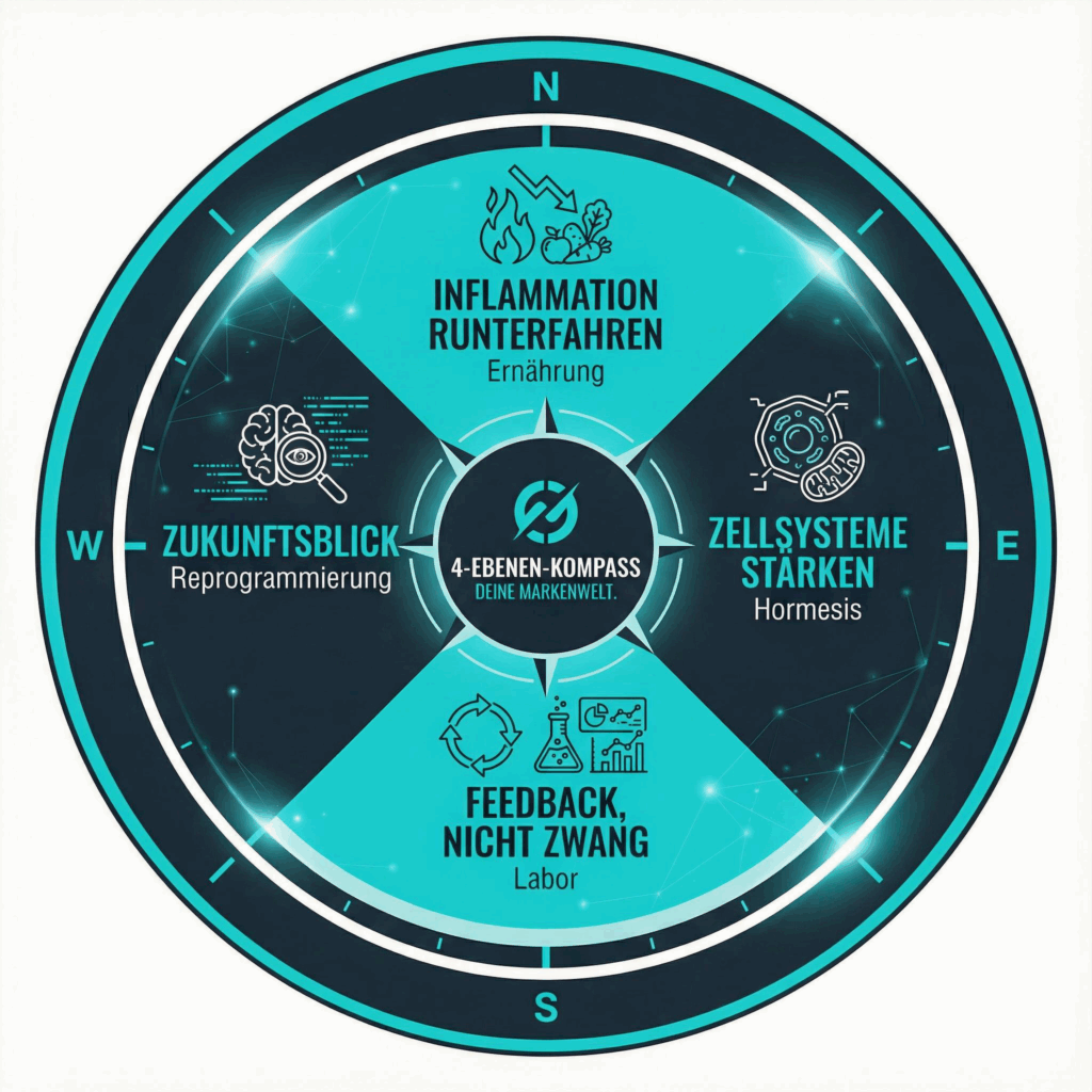Biohacking 4 sektoren kompass für biologische verjüngung. Symbolische Grafik.