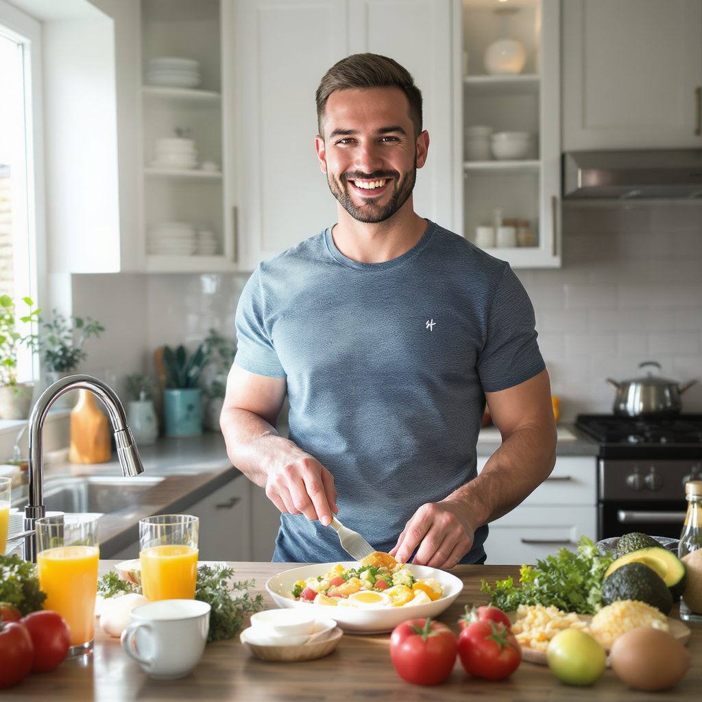 Biohacking ist für diesen sportler eine gesundes essen mit eiern., avocados und tomaten.