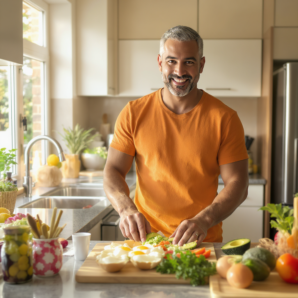 Biohacking mit ernährung, mit eier, avocado und viel gemüse ist für diesen fitten mann eine lebensfreude.
