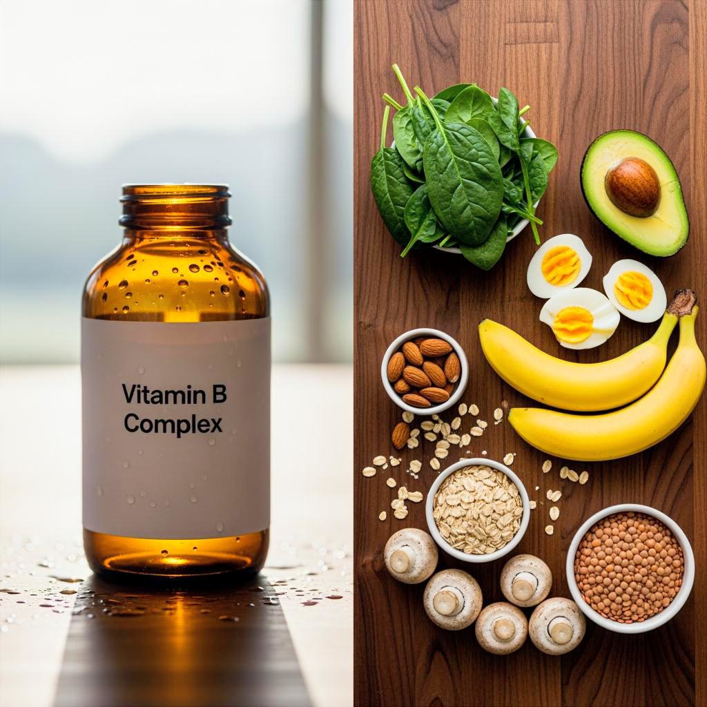 Biohacking mit Vitamin B komplex und Ernährung für dauerhafte Gesundheit. Symbolbild.