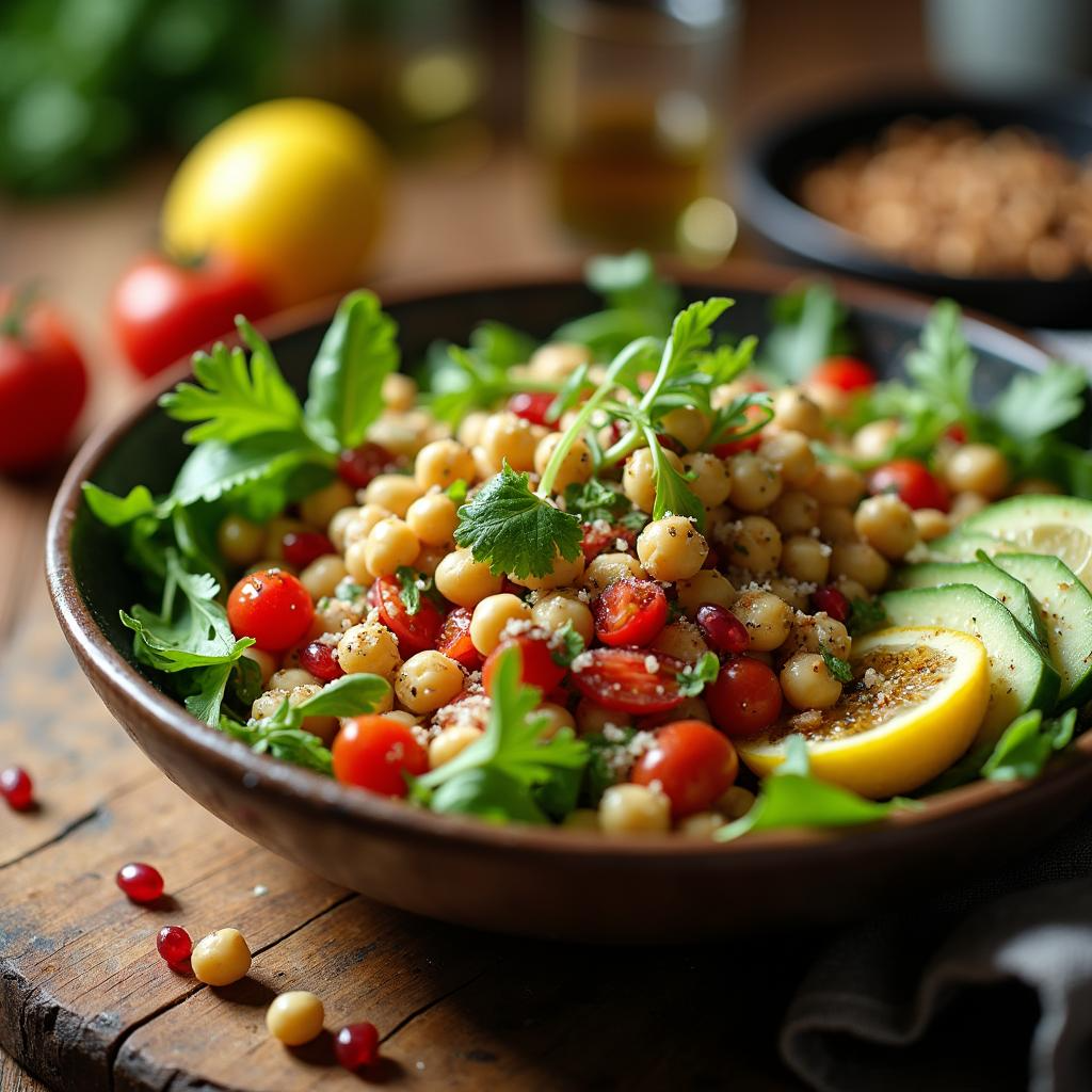 Biohacking mit einem frischen salat mit kichererbsen, tomaten, gurken, avocado und frischem grün, beträufelt mit olivenöl. symbolbild.