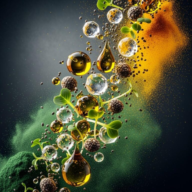 Biohacking visualisiert. mikronährstoff symphonie. olivenöltropfen, leuchtende vitaminmoleküle, chiasamen.
