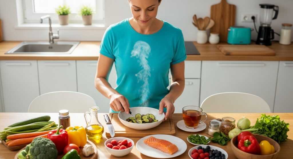 Entzündungen im Körper mit gesundem Essen sanft reduzieren wie diese sportliche Seniorin es macht. Symbolbild.