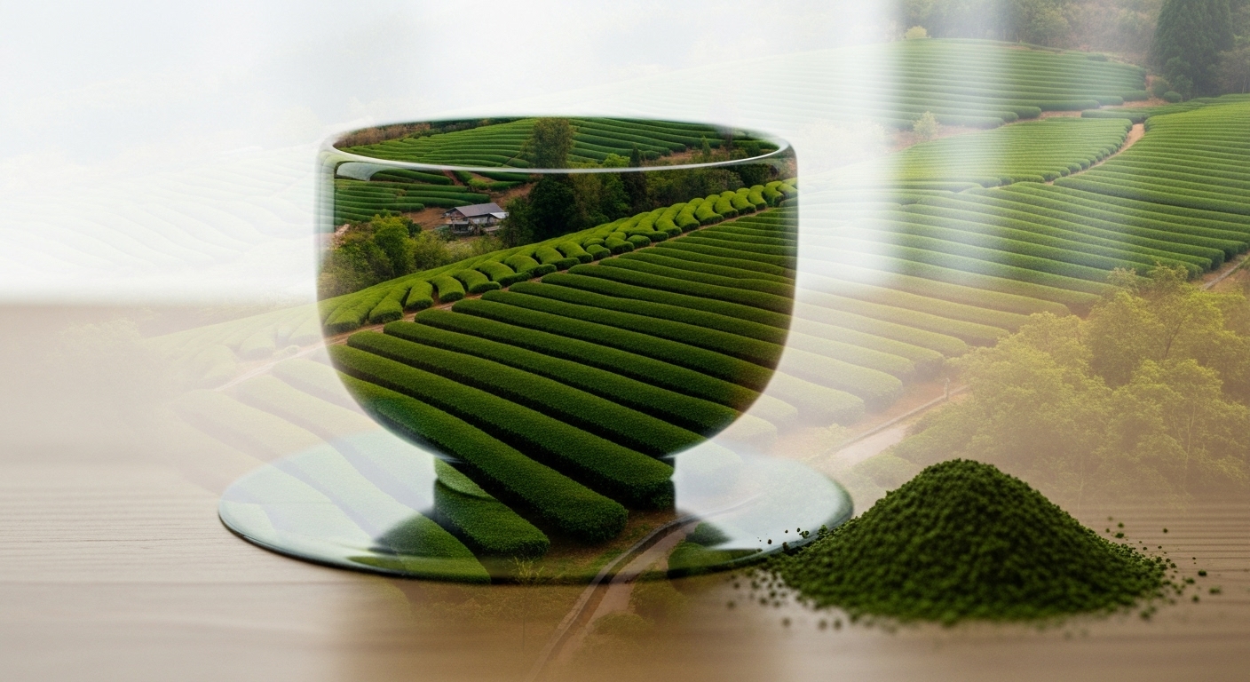 Matcha tasse mitten in eine schöne japanische teeplantage symbolisch hinein gestellt.
