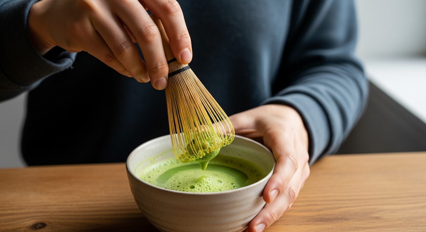 Matcha tee zubereitung ist einfach, mit dem matcha besen, chasen. symbolbild.