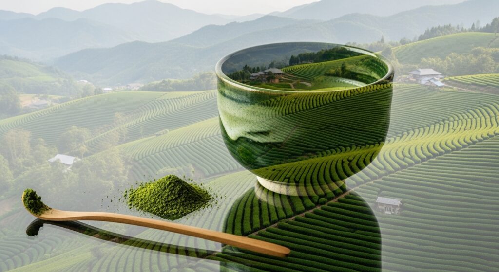 Matcha ist in japan ein zentraler teil ihrer lebenskultur und tee planatagen bestimmen die skyline. symbolbild.