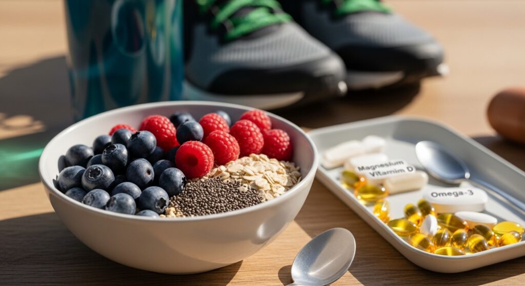 Biohacking für richtige Sportler ist Ernährung mit vielen Beeren in Kombination mit Supplementen wie Magnesium. Symbolbild.