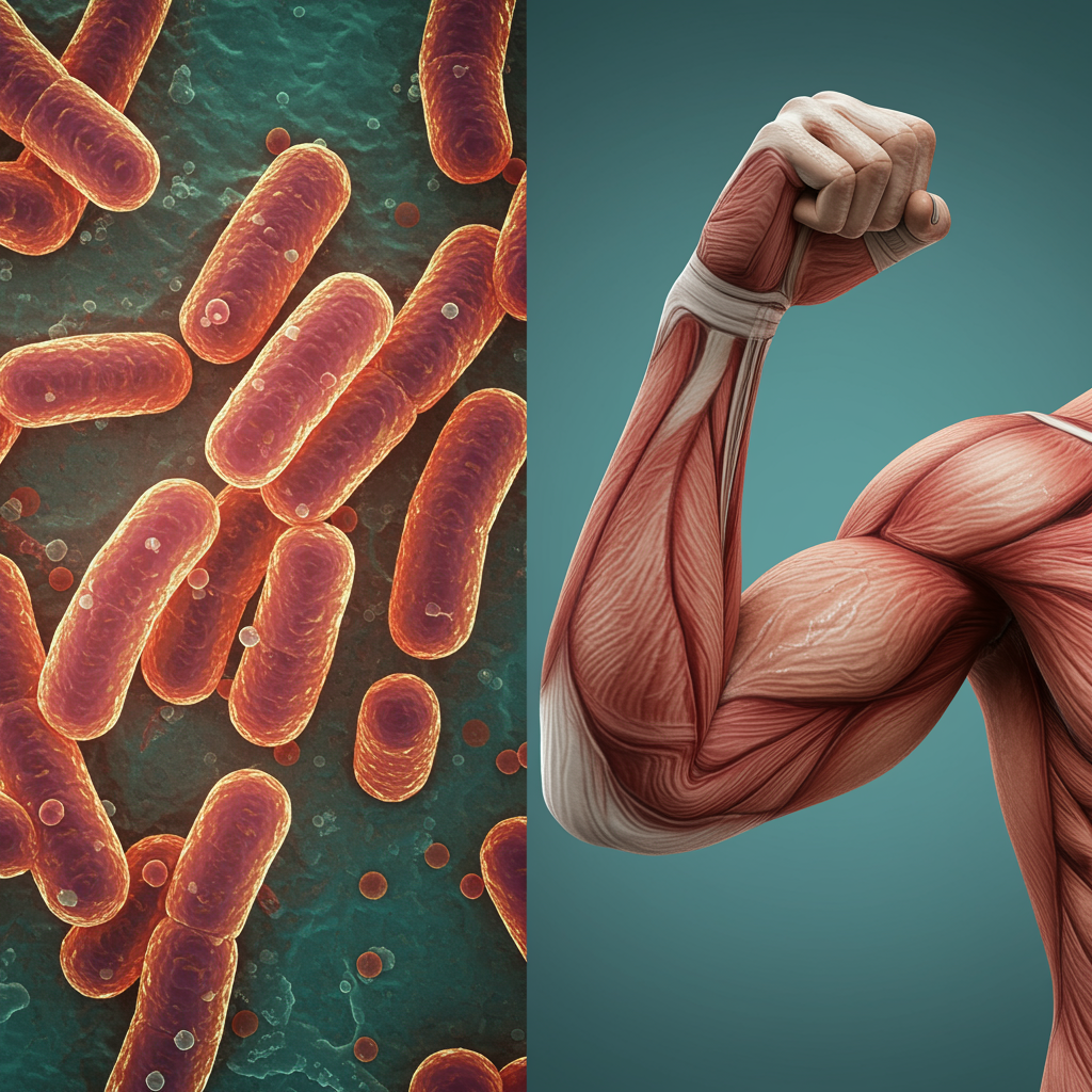 Biohacking heißt Mitochodrien stärken und damit deine Muskelkraft. Splitscreen Symbolbild.