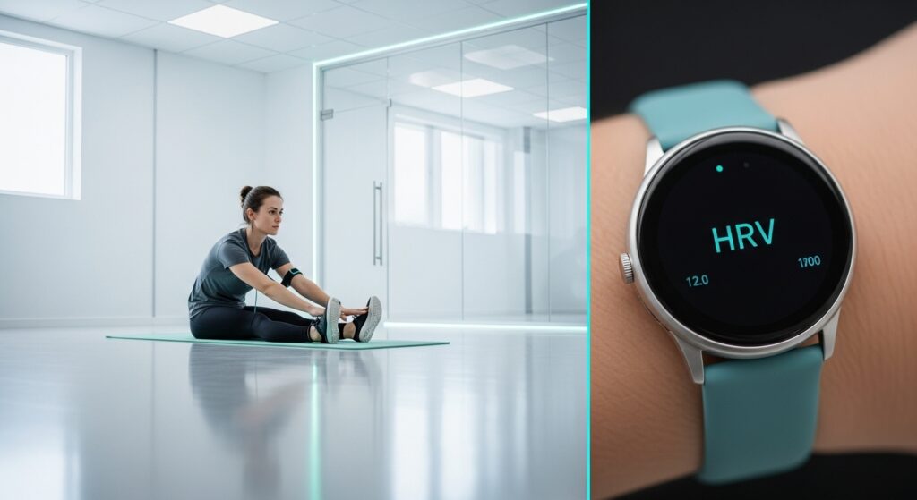 Longevity Praxis ist auch Regneration machen wie diese Dame mit Kontrolle der HRV auf Smartwatch. Symbolbild.