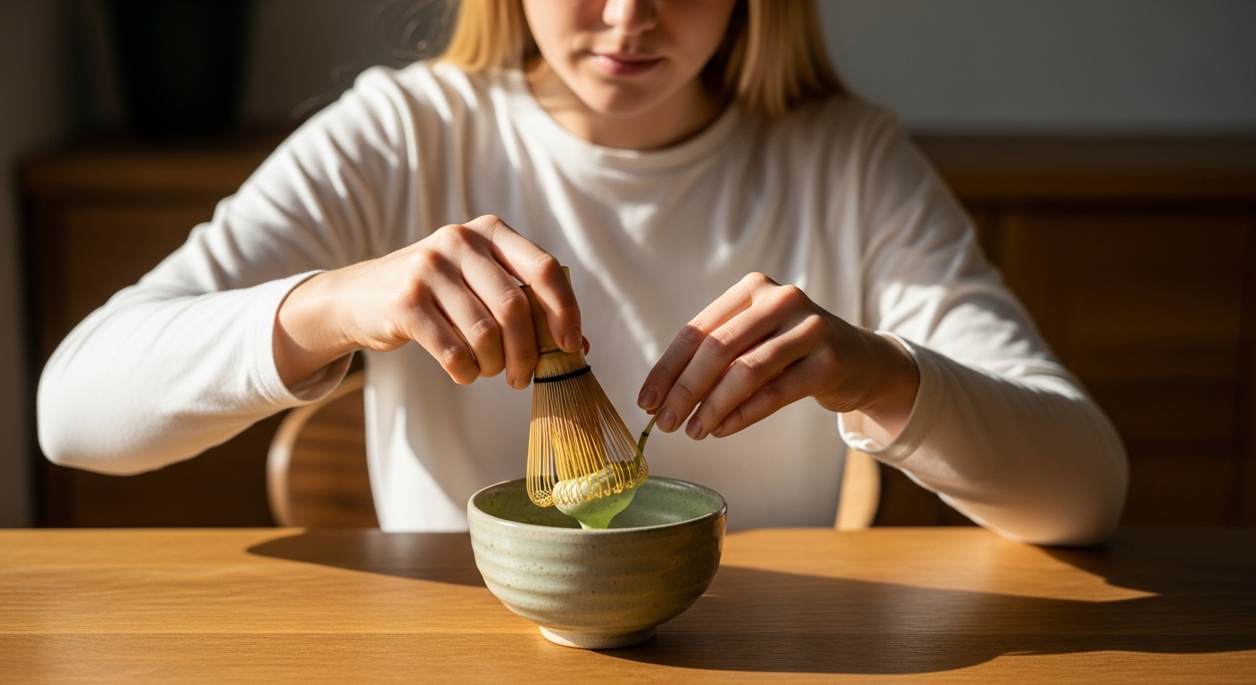 Matcha tee Zubereitung als Pause zum Innehalten und Regenerieren wie diese junge Dame es macht. Symbolbild.