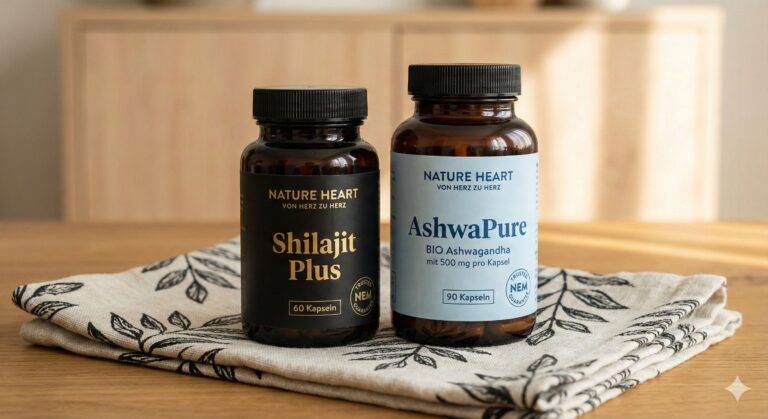 Shilajit Ashwagandha nature heart product visual. Google Gemini KI