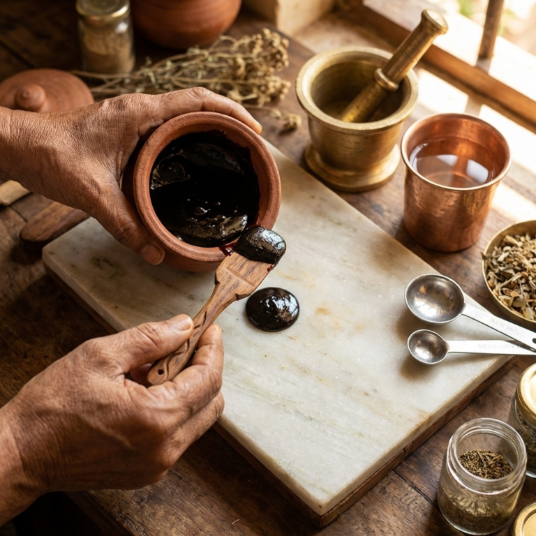 Shilajit Resin gilt im Ayurveda als Verjüngungsmittel. KI Visual.