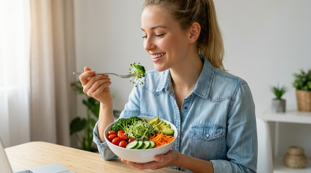 Brokkoli-Sprossen schmecken der jungen Dame ausgezeichnet. KI Visual. 