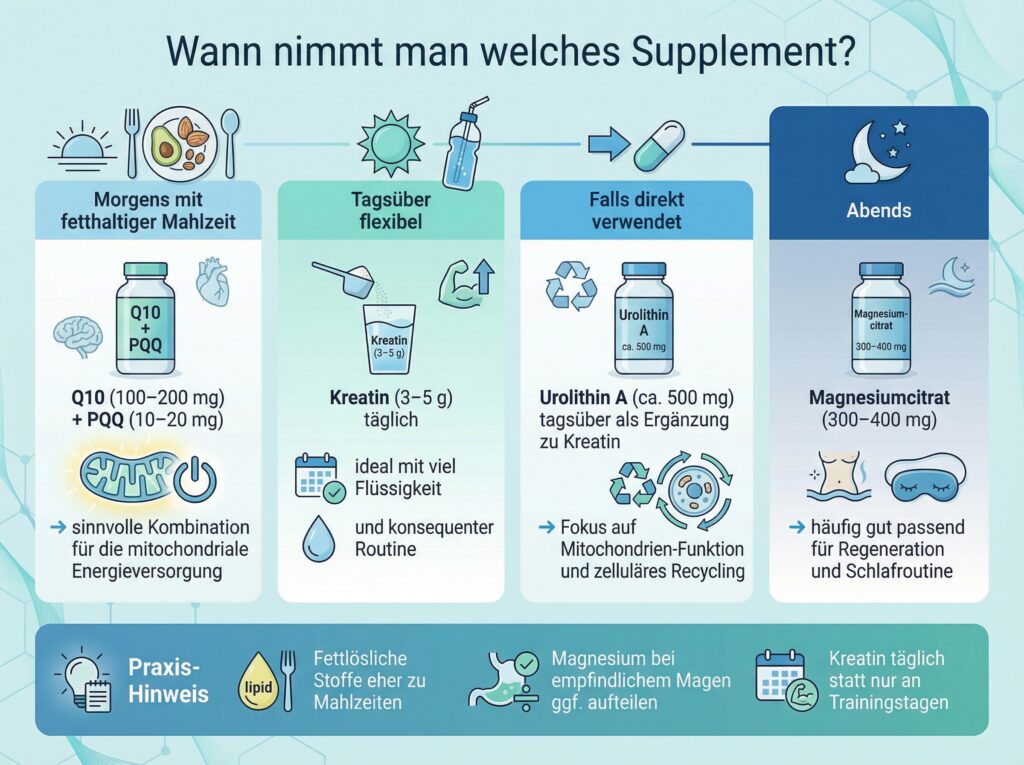 Supplemente Timing im Tagesverlauf. KI Infografik.
