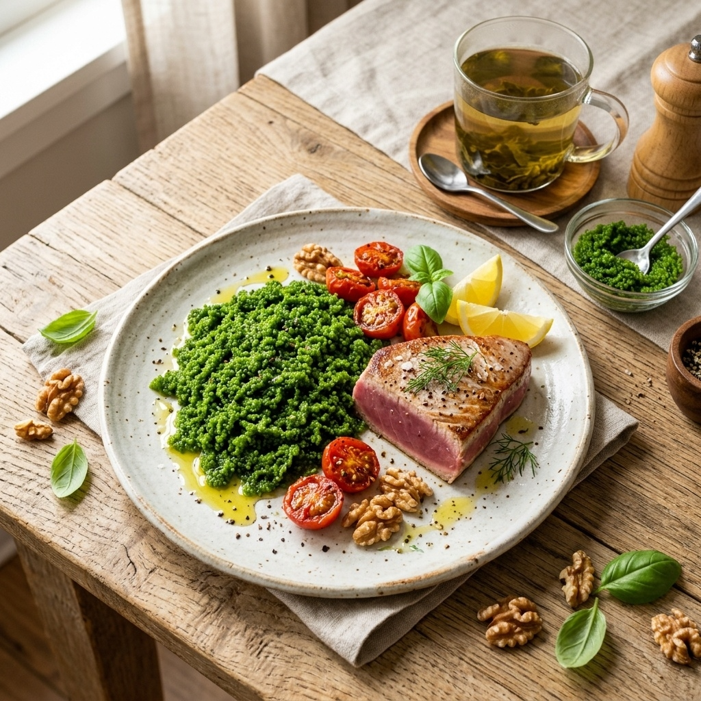 Mediterrane Ernährung für longevity. KI Visual. 
