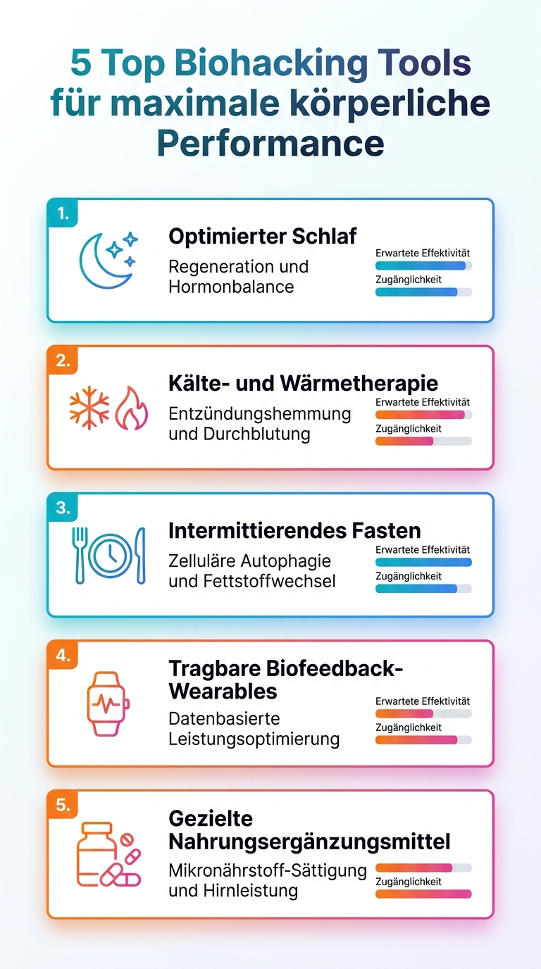 Infografik zeigt die fünf Top-Biohacking-Tools für maximale körperliche Performance, inklusive kurzer Beschreibungen.